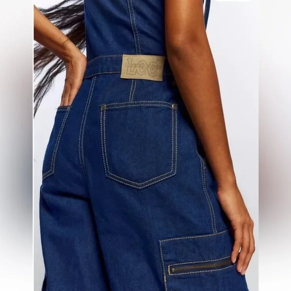 Urban Outfitters LeeAngel Chen Denim Coverall Jumpsuit Hooded Zipper Cargo